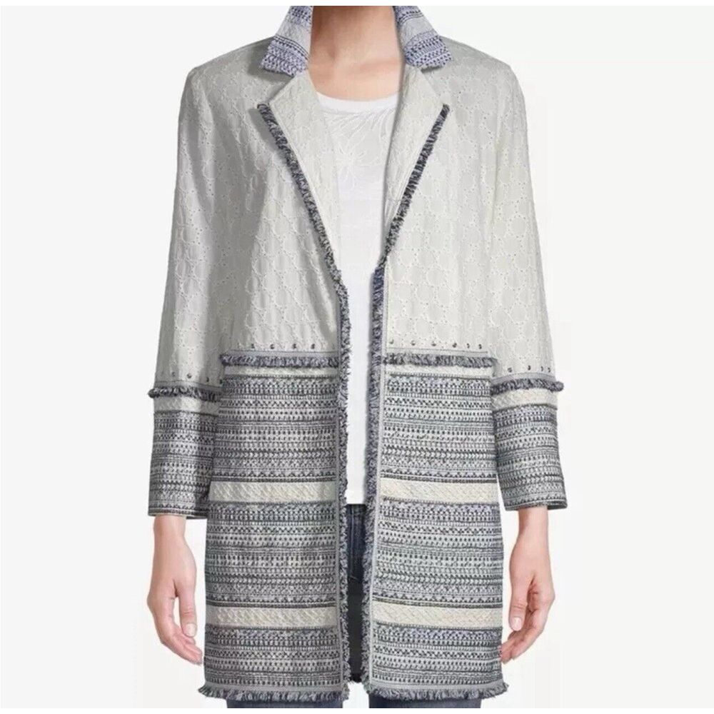 Chico's‎ Eyelet Linen Jacket/Duster SZ 1 Embellished Cotton White Blue Topper